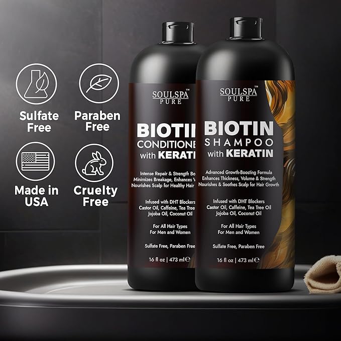 Biotin Shampoo and Conditioner Set with Keratin - Sulfate-Free Advanced Anti-Thinning, Hair Growth Shampoo and Conditioner Combo Repair Formula - with DHT Blockers, for Men &amp; Women - 16 fl oz each