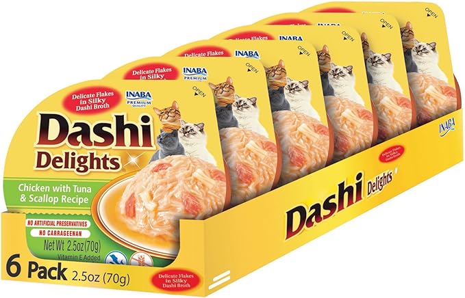 INABA Dashi Delights for Cats, 2.5 Ounce Cup, 6 Cups Total, Chicken with Tuna &amp; Scallop Recipe