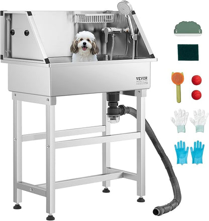 VEVOR Stainless Steel Dog Washing Station, 34 inch Pet Grooming Tub w/Faucet &amp; Showerhead &amp; Soap Holder &amp; Play Balls Simple Dog Bathtub for Multiple Pets, Home Washing Sink