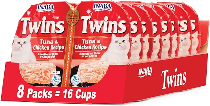 INABA Twins for Cats, Grain-Free Shredded Chicken &amp; Broth Gelée Side Dish Cups, Tuna &amp; Chicken Recipe, 1.23 Ounces per Serving, 19.68 Ounces Total (16 Count)