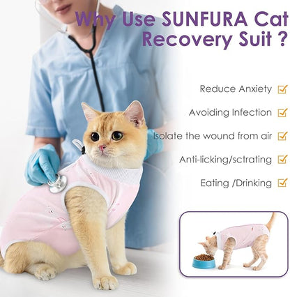 SUNFURA Cat Recovery Suit, Kitten Surgical Full Bodysuit for Abdominal Wound Protector Anti Licking After Surgery, Professional Bandages Cone E-Collar Alternative for Small Male &amp; Female Pets