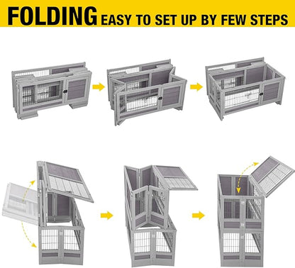 Aivituvin Large Rabbit Hutch Indoor and Outdoor Folding Bunny Cage on Wheels Guinea Pig Cage with Deep No Leak Pull Out Tray,Upgrade Version (Light Gray)
