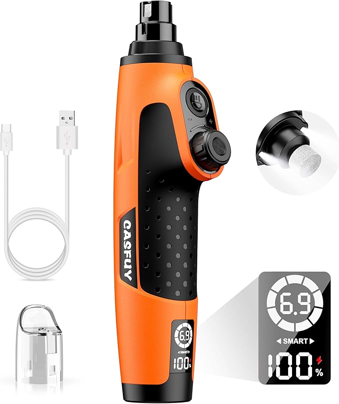 Casfuy Smart 6-Speed Dog Nail Grinder - 50% More Power Pet Nail Grinder with 2 LED Lights Quiet Rechargeable Electric Dog Nail Trimmers File Toenail Grinder for Large Medium Small Dogs &amp; Cats(Orange)
