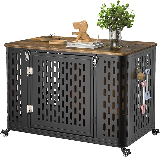 Dog Crate with Cushion, 38" Wood Heavy Duty Dog Crate Furniture with Flip Top &amp; Wheels for High Anxiety Dogs, Escape Proof Pet Cage for Small/Medium Dogs