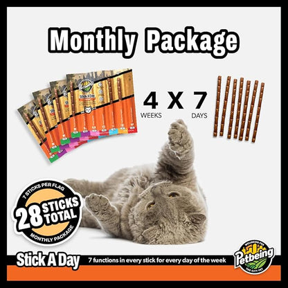 Stick a Day | Specially Formulated 7-in-1 Functions Daily Real Meat Supplement for Cats | Cat Chew Stick &amp; Pet Vitamins Supplements Combination (7-Pack x 4, Chicken)