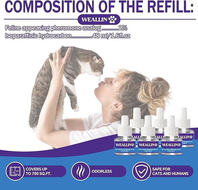 6 Pack Cat Calming Diffuser Refills - Cat Pheromones Calming Diffuser Refill Relieve Anxiety &amp; Stress 6 Month Supply, Cat Pheromone Diffuser Refills (Fits All Common Diffuser Heads)