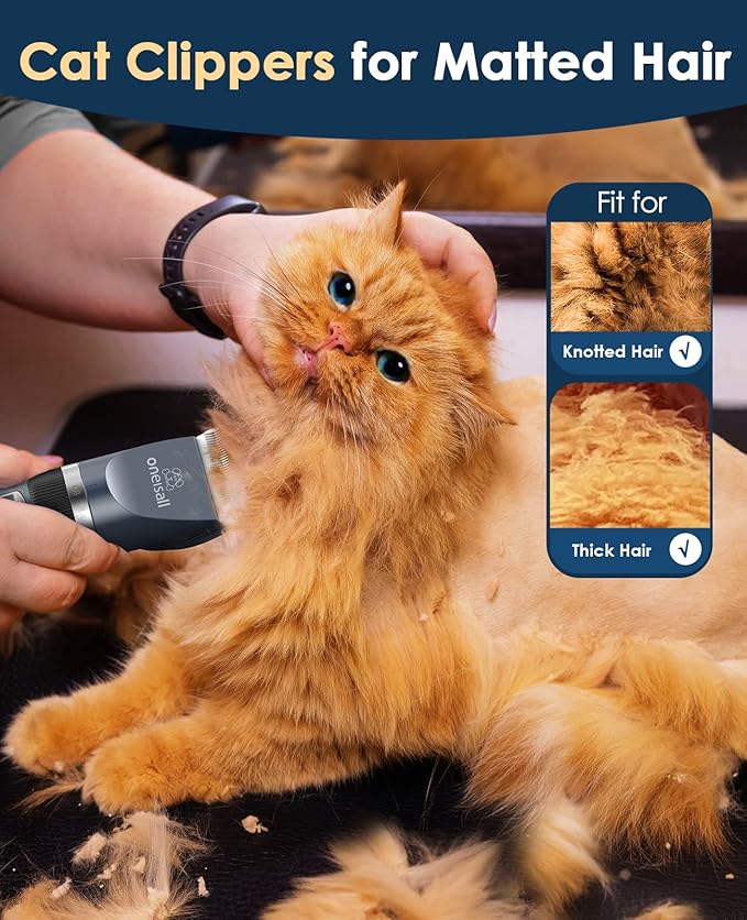 oneisall Quiet Cat Clippers for Matted &amp; Long Hair, 2-Speed Cordless Pet Shaver Grooming Kit for Cats, Small Dogs &amp; Animals (Blue)