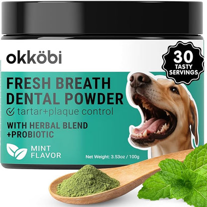 Dog Teeth Cleaning Powder - Dog Breath Freshener + Dental Care for Doggies &amp; Cats + Tartar Remover for Teeth with Natural Ingredients + Probiotics Blend (Mint - 100g)