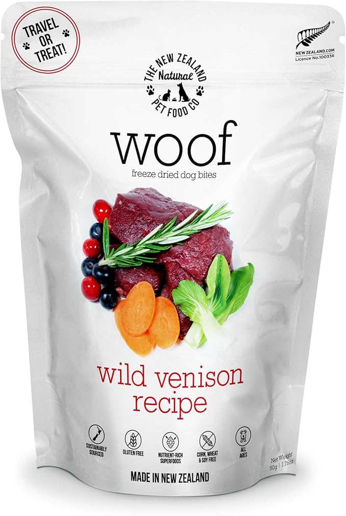 Woof Freeze Dried Dog Food - Wild Venison, High Protein, Dog Food Topper &amp; Dog Treats, All Life Stages, 1.76 oz