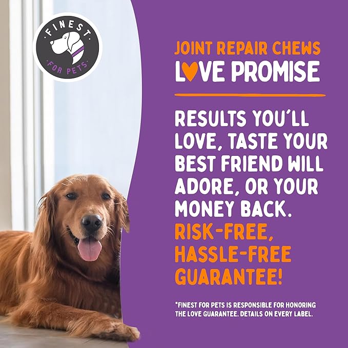 Joint Repair Hip and Joint Chews for Dogs - Finest for Pets Glucosamine, Chondroitin, MSM, Omega 3 &amp; Turmeric for Dog Joint Support, Mobility &amp; Pain Relief - (120 Chicken Flavored Chews, Made in USA)