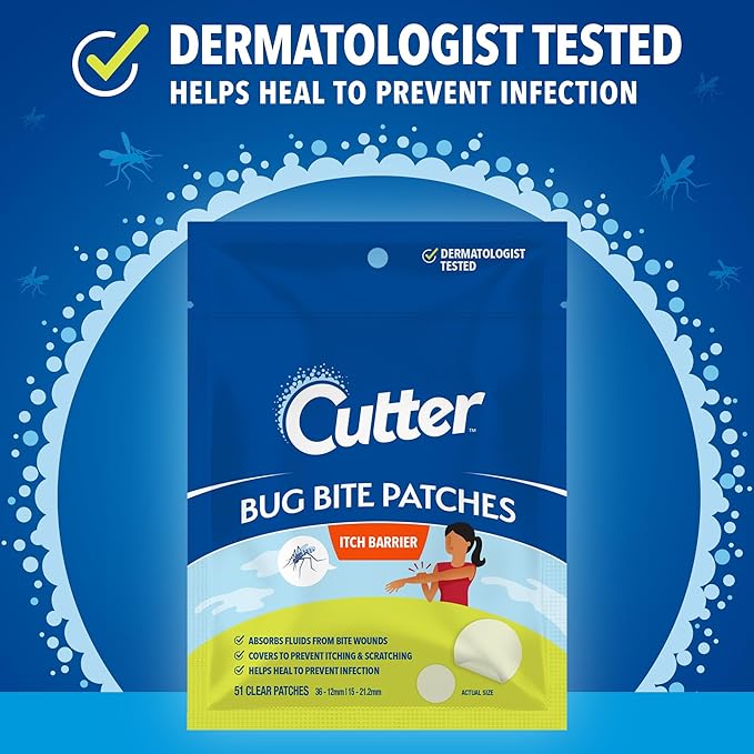 Cutter Bug Bite Patches Itch Relief Hydrocolloid Patches for Kids &amp; Adults, Absorbs Fluids, Helps Heal, Prevents Scratching, Mosquito Itch Relief, Hydrocortisone &amp; Suction Tool Alternative, 51 Count