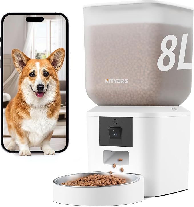 Automatic Dog &amp; Cat Feeder with Camera &amp; WiFi – 8L/34 Cups, 1080P Night Vision, 2.4 &amp; 5G WiFi, 2-Way Talk, 10s Voice Recording, Timed Food Dispenser, Up to 99 Portions, 15 Meals Per Day