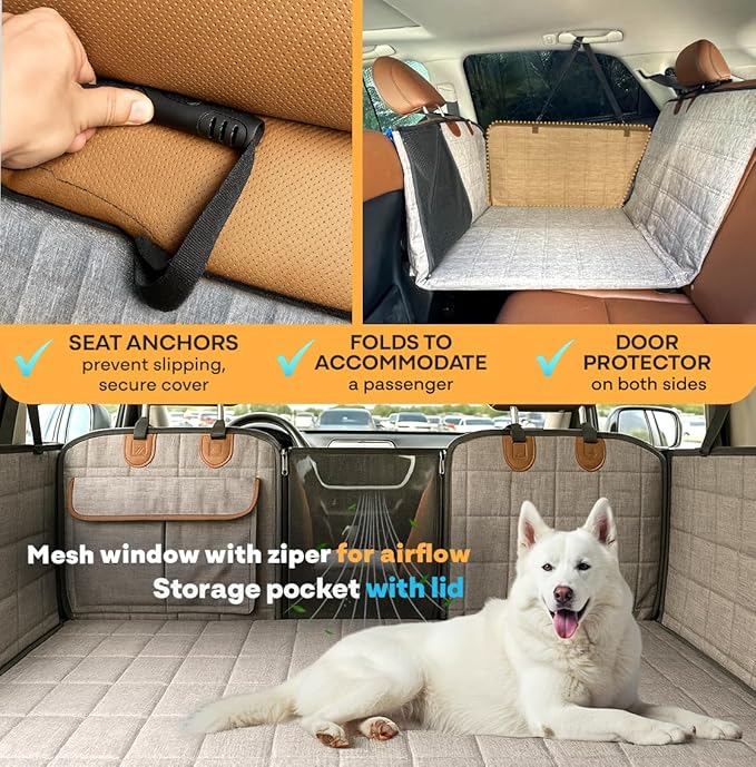 APetsPlanet Dog Car Seat Cover for Back Seat Hard Bottom - Waterproof Backseat Extender for Dogs - Pet Hammock for Car, Truck, SUV - Protector Bed with Mesh Window &amp; Storage - Gray, with Door Covers