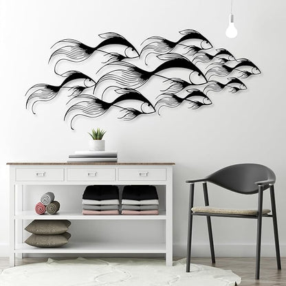 School of Fish Metal Wall Art, Metal Fish Wall Decor, Sea Life Wall Art, Large Nautical Wall Hanging, Modern Beach House Wall Decor, Ocean Themed Artwork for Bathroom (Silver, 35"x15" | 90x38cm)
