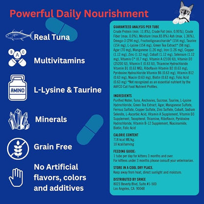 Lickable Cat Treats -Real Tuna Multivitamin Puree with Lysine &amp; Taurine for Indoor Cats | Grain-Free, Squeeze Tube (12 Pack)