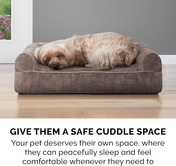 Furhaven Cooling Gel Dog Bed for Medium/Small Dogs w/ Removable Bolsters &amp; Washable Cover, For Dogs Up to 35 lbs - Faux Fur &amp; Velvet Sofa - Driftwood Brown, Medium