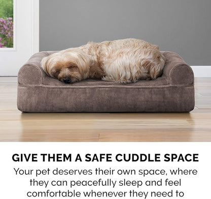 Furhaven Cooling Gel Dog Bed for Large Dogs w/ Removable Bolsters &amp; Washable Cover, For Dogs Up to 95 lbs - Faux Fur &amp; Velvet Sofa - Driftwood Brown, Jumbo/XL