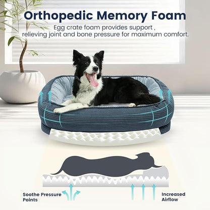 Orthopedic Cat Beds for Indoor Cats, Egg-Crate Memory Foam Pet Sofa with Bolster Sides, Oval Crate Bed, Washable Removable Cover &amp; Non-Slip Bottom, Haze Blue
