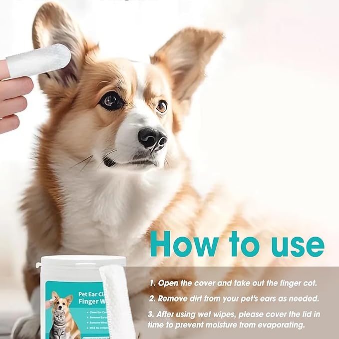 Ear Wipes for Dogs &amp; Cats - Comfortable Finger Design, Gentle Ear Wax, Debris, and Dirt Cleaning | 50-Count Pack