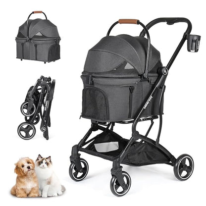 T3 Foldable Pet Stroller for Small Dogs &amp; Cats – 3-in-1 Lightweight Design, 180° Canopy &amp; Detachable Carrier (Black)