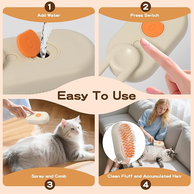 Pet Steam Brush, Rechargeable Cat Steam Brush for Shedding, 2025 New &amp; 4 in 1 Pet Spray Hair Removal Comb with Anti-Static,Massage, Cleaning, Shedding &amp; Combing All In One! (Khaki)