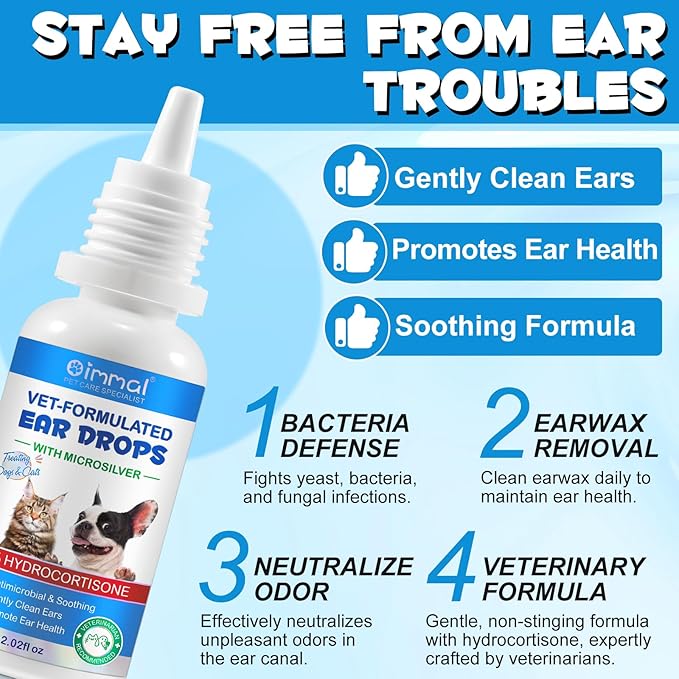 Ear Infection Treatment Drops for Dogs and Cats, Pets Ear Cleaning Solution Drops with 1% Hydrocortisone Soothing Dog Yeast Infection, Itchy Ear Relief, Pet Ear Care Supplies for Dogs &amp; Cats - 2 fl oz