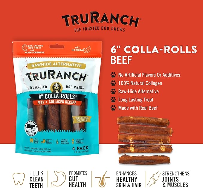 Collagen Rolls - 6" Collagen Rolls for Dogs - Long Lasting Healthy Joint Support - Rawhide Alternative - Skin &amp; Coat Health - Made with Real Beef, Value Pack, 3 Bags, 12 Count