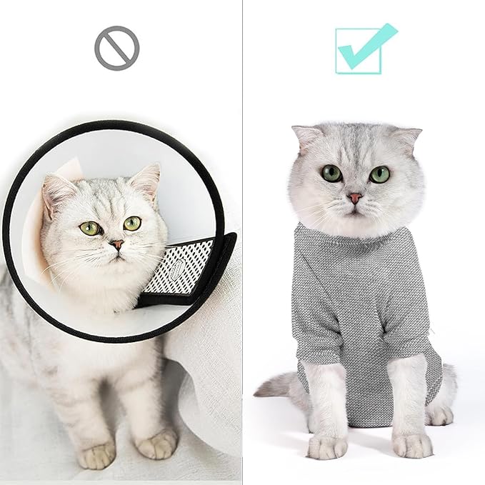 Dotoner Cat Surgery Recovery Suit for Female Male Anti-Licking Pet Surgical Pajamas Long Sleeve Prevent Shedding Cat Spay Recovery Suit&amp;E Collar Alternative Bodysuit for Cats