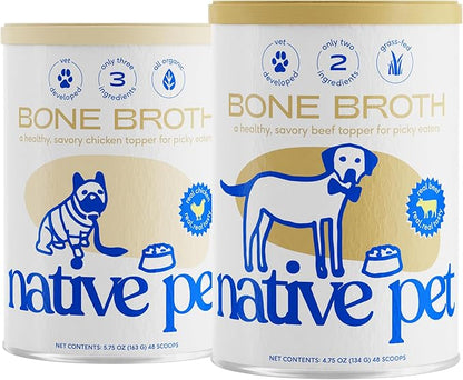 Native Pet, Dogs &amp; Cat Broth Bundle | Chicken &amp; Beef Flavored | Dog Food Topper for Picky Eater | Dog Gravy &amp; Dog Bone Broth Powder