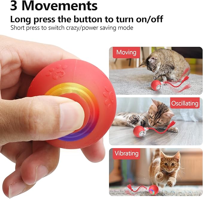 Interactive Cat Toys, Automatic Moving Cat Toys for Bored Indoor Adult Cats, Fast Rolling, Chirping &amp; Motion-Activated Kitty Toys, Fun Gift for Cats with Speedy Tail 2.0, USB Rechargeable,Red
