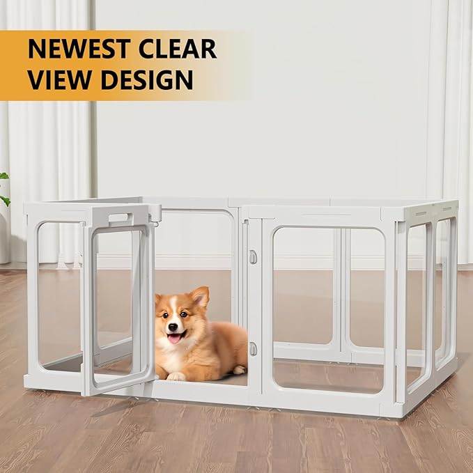 Clear Acrylic Dog Playpen with Door, for Puppy Cat Rabbit Transparent Pet Pen, Dog Playpen Indoor, Dog Fence, Easy Assemble &amp; Cleaning Dog Pen for Small &amp; Medium Dogs (23.6“ Height, 14PCS)