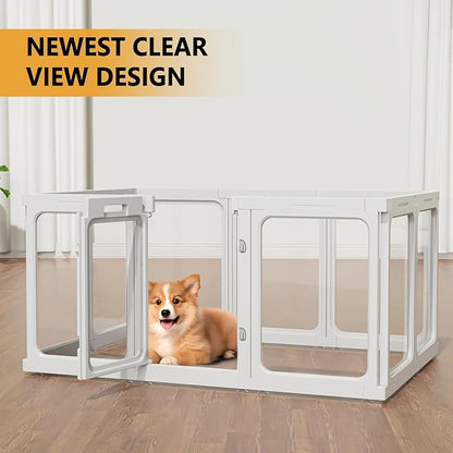 Clear Acrylic Dog Playpen with Door, for Puppy Cat Rabbit Transparent Pet Pen, Dog Playpen Indoor, Dog Fence, Easy Assemble &amp; Cleaning Dog Pen for Small &amp; Medium Dogs (23.6“ Height, 14PCS)
