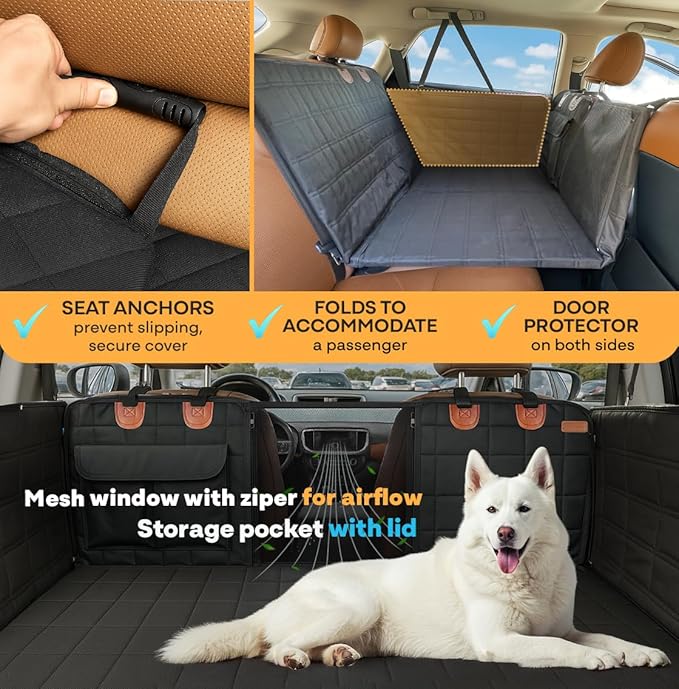 APetsPlanet Dog Car Seat Cover for Back Seat Hard Bottom - Waterproof Backseat Extender for Dogs - Pet Hammock for Car, Truck, SUV - Protector Bed with Mesh Window &amp; Storage - Black, with Door Covers