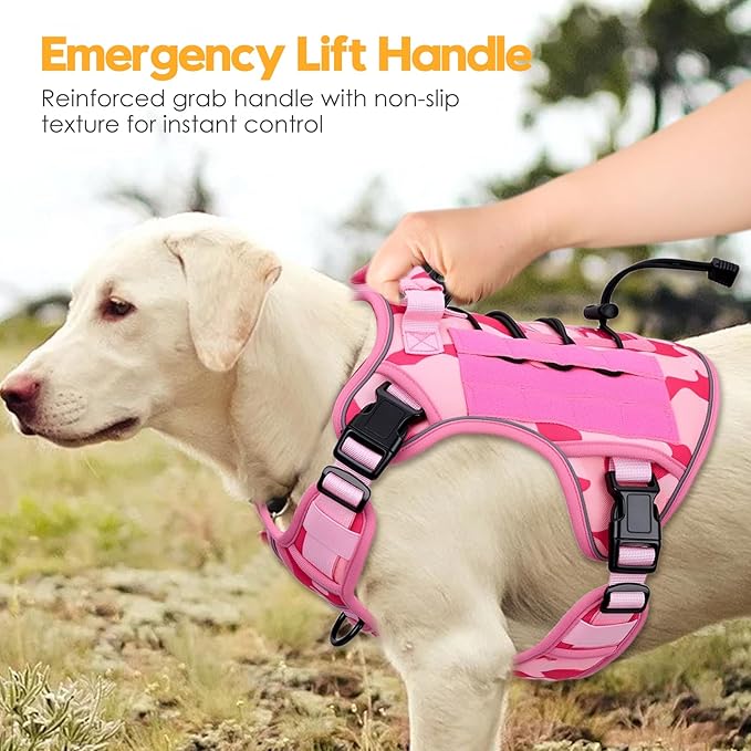 Heavy-Duty Tactical Dog Harness for Large Dogs, No Pull Adjustable Reflective Pet Vest with Molle System, K9 Military-Grade Control for Service Training, Outdoor &amp; 10+ Breeds, Pink Camo, Large