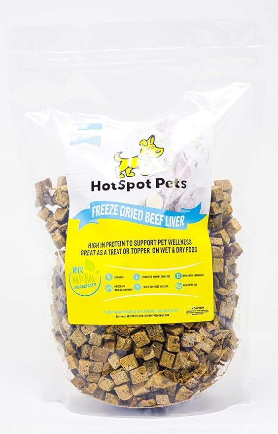 hotspot pets Freeze Dried Beef Liver Treats for Cats &amp; Dogs - 1LB Big Bag- Made in USA,Single Ingredient, All Natural Grain-Free Beef Liver- Perfect for Training, Topper or Reward Snack