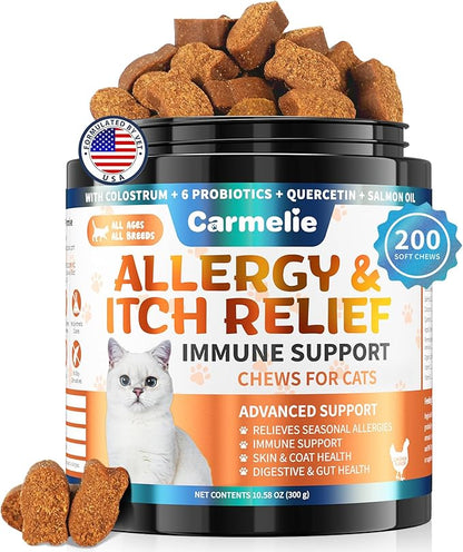 Cat Allergy Relief Chews 200 pcs - Cat Itchy Skin &amp; Paw Licking Relief - Omega 3 &amp; Probiotic for Cats - Anti-Itch Relief for Skin &amp; Coat Health, Immune Support, Seasonal Allergies - Chicken Flavor