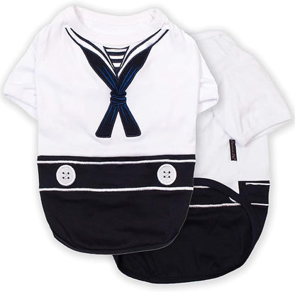 Parisian Pet Dog Shirt - Embroidered Sailor Dog Costume - 100% Cotton &amp; Polyester Pet Costume - Sleeved Dog Clothes - Blue and White Dog Costumes for Small Dogs - Dog Shirts - S