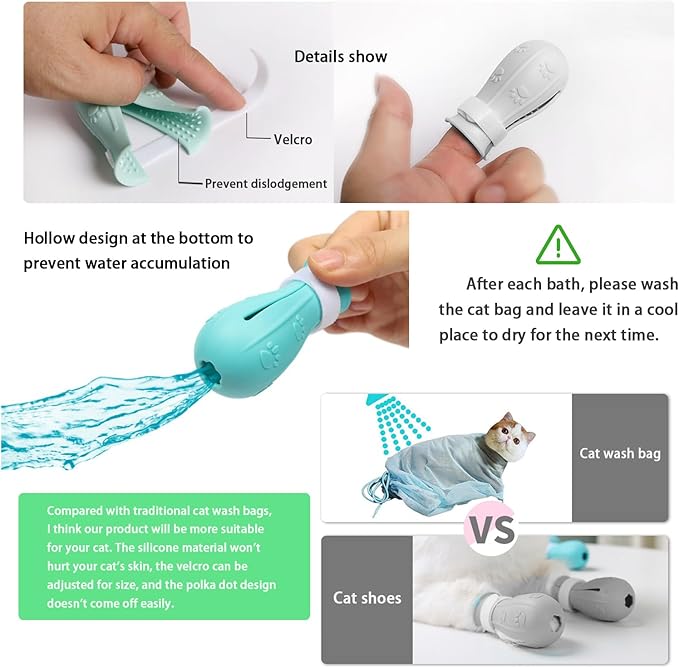 7-Piece Cat Bathing Set - Anti-Scratch Silicone Shoes, Claw Covers, Shower Net, Bathing Bag &amp; Elizabethan Collar (Grey-3)