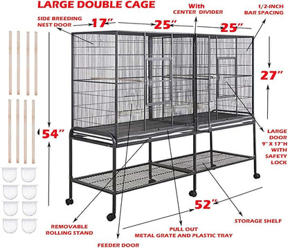 Large Double Birdhouse Treehouse Bird Flight Center Divider Cage with Side Breeding Nest Doors Removable Rolling Stand