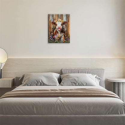 Funny Cow Bathroom Pictures Wall Art, Rustic Brown Cute Cow Bathroom Wall Decor, Farmhouse Floral Framed Painting Animal Flower Canvas Artwork for Bedroom Living Room Decorations 16"L x 12"W