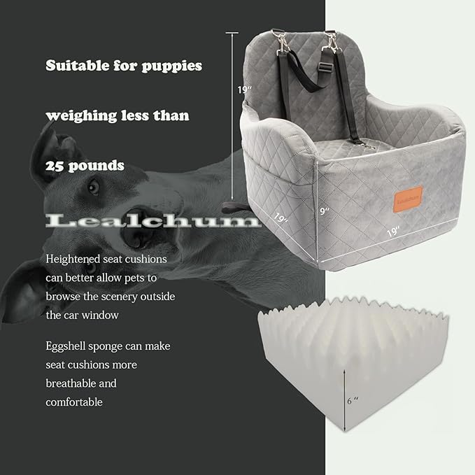 Dog Booster Car Seat for Small/Medium Dogs Up to 35lbs,Ultra Soft Fabric Covered,6in Elevated Cushion,Fully Detachable and Washable,3 Straps &amp; 2 Pockets,Easy to Install(Grey,Medium)