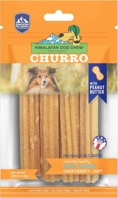 Himalayan Dog Chew Churro Yak Cheese Dog Chews, 100% Natural, Long Lasting, Gluten Free, Healthy &amp; Safe Dog Treats, Lactose &amp; Grain Free, Protein Rich, Real Peanut Butter Flavor, 4 Churros Per Pouch