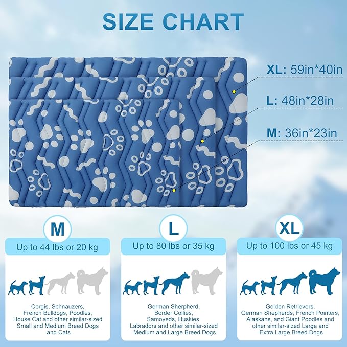 BEAUTYZOO Dog Cooling Mat- Upgraded Thicken Cooling Mat for Large Dogs Reversible(Cool &amp; Warm) Pet Ice Cool Bed Washable &amp; Portable, Summer Crate Pad for Big Dog Puppy Up to 100 lbs, Paw Blue 59X40IN
