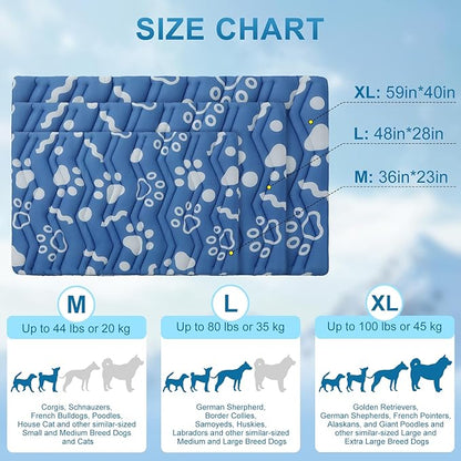 BEAUTYZOO Dog Cooling Mat- Upgraded Thicken Cooling Mat for Large Dogs Reversible(Cool &amp; Warm) Pet Ice Cool Bed Washable &amp; Portable, Summer Crate Pad for Big Dog Puppy Up to 100 lbs, Paw Blue 59X40IN