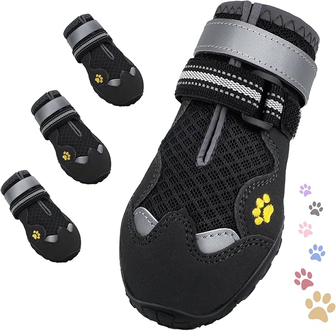 Dog Shoes, FISHOAKY Dog Shoes for Large Dogs, Mesh Breathable Dog Boots &amp; Paw Protectors for Summer Hot Pavement Winter Snowy, 360°Anti Slip 4Pcs Dog Booties with Reflective Black (Size 8)