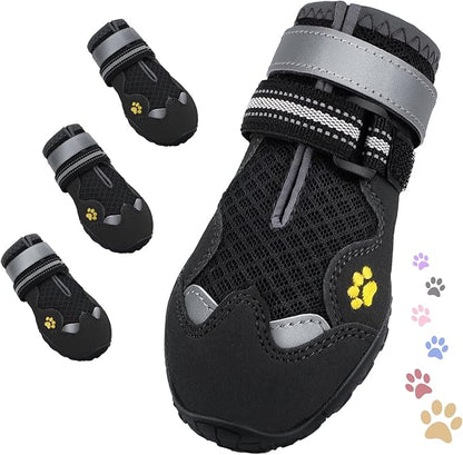 Dog Shoes, FISHOAKY Dog Shoes for Large Dogs, Mesh Breathable Dog Boots &amp; Paw Protectors for Summer Hot Pavement Winter Snowy, 360°Anti Slip 4Pcs Dog Booties with Reflective Black (Size 8)