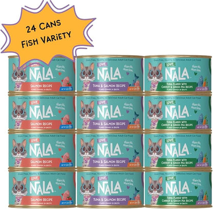 LOVE, NALA - FLAKED Fish Variety Pack - 24 Pack - Natural Adult Cat Wet Food - Grain Free, Non-GMO, Lean Protein, Omega 3, Added Minerals &amp; Vitamins