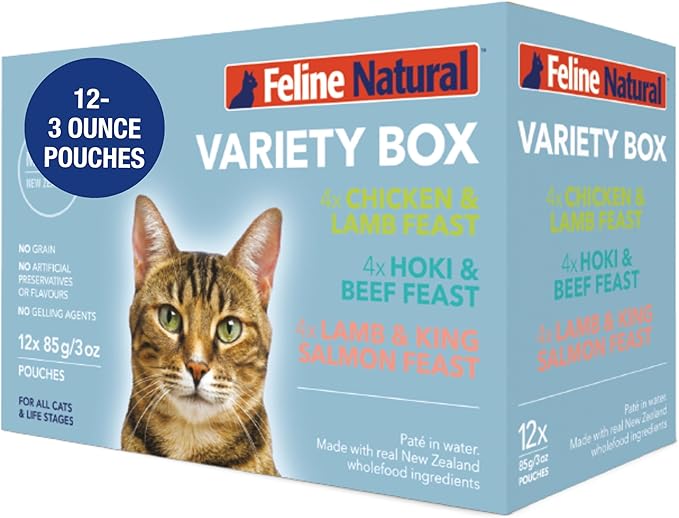 Feline Natural Wet Cat Food Variety Pack - Chicken, Lamb, Salmon &amp; Beef Feast, Grain-Free, 3oz Pouches, New Zealand Made, Assorted Single Serve Pates (12 Pack)