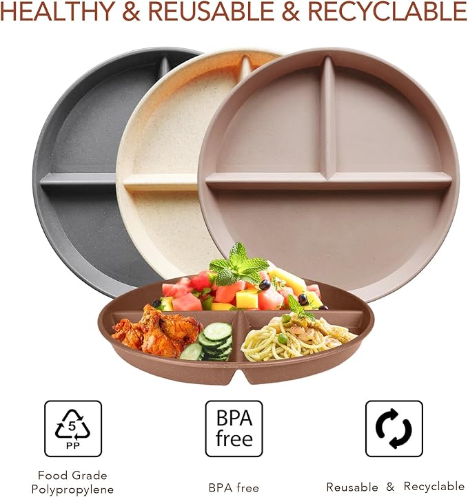 greenandlife 9 Inch 4PCS Unbreakable Portion Control Plates, Divided Plates for Kids Adults, Dishwasher &amp; Microwave Safe Compartment Plate, Lightweight Reusable Wheat Straw Plate, BPA Free