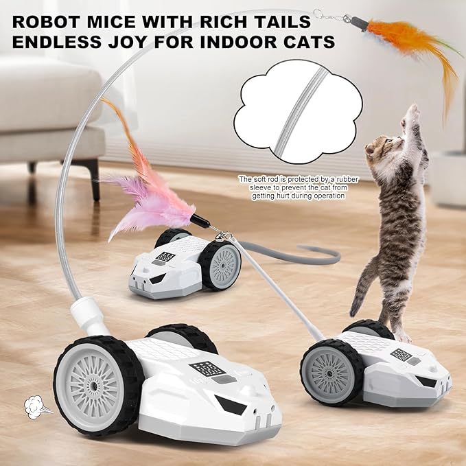 Interactive Cat Toys for Indoor Cats - Smart Moving Electric Mouse with Remote Control, Feather Tail, and Rechargeable Battery - Automatic Play for Bored Kittens &amp; Adult Cats &amp; Daily Exercise